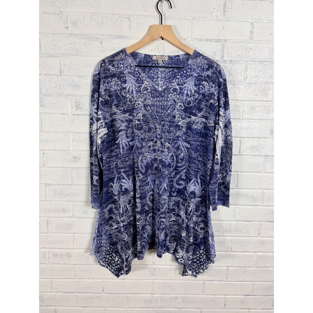 Jess & Jane Paisley Tunic Top Womens 1X Blue 3/4 Sleeve Asymmetrical Hem Stretch